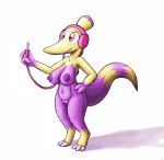  anthro areola big_areola big_breasts big_nipples breasts curvy_figure female genitals hand_on_hip headphones holding_object navel nintendo nipples paraboom pink_eyes pok&eacute;mon pok&eacute;mon_(species) pok&eacute;mon_uranium purple_nipples purple_pussy pussy simple_background smile solo standing tg-0 video_games voluptuous white_background wire 