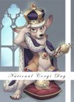  2018 ambiguous_gender anthro blep blue_eyes bottomless canid canine canis censored clothed clothing conditional_dnp crown domestic_dog english_text front_view full-length_portrait fur herding_dog hi_res looking_at_viewer loupgarou mammal pastoral_dog pembroke_welsh_corgi portrait royalty scepter solo tan_body tan_fur text tongue tongue_out welsh_corgi 
