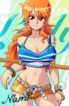  1girl belt bra bracelet breasts brown_eyes character_name cleavage cowboy_shot crop_top green_bra jewelry large_breasts long_hair looking_at_viewer midriff mike_luckas nami_(one_piece) navel one_piece orange_hair short_shorts shorts solo underwear white_belt yellow_shorts 