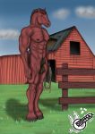  2020 5_fingers abs accessory animal_genitalia anthro balls barn biceps big_balls black_balls black_nipples black_sheath brown_body brown_fur brown_hair brown_tail building burgundy_fur casual_nudity cloud day dickhead equid equine farm farmer fence fingers flaccid fully_sheathed fur genitals gotommax grass green_hairband hair hair_accessory hair_tie holding_object hooved_fingers hooves horse male mammal muscular muscular_anthro muscular_arms muscular_legs muscular_male nipples nude outside pecks penis plant red_body red_fur rope sheath sky smile solo triceps watermark wood_fence 