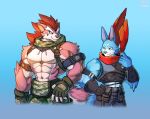  2021 abs anthro biceps canid canine canis clothed clothing digital_media_(artwork) fur gloves group hair handwear hi_res male mammal muscular muscular_anthro muscular_male nekotiger_(artist) pecs simple_background wolfmalro 