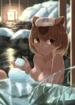 1girl animal_ears backlighting bangs black_eyes breasts brown_hair capybara_(kemono_friends) capybara_ears closed_mouth collarbone commentary_request extra_ears eyebrows_visible_through_hair hand_up highres holding japari_symbol kemono_friends knee_up light light_brown_hair looking_at_viewer multicolored_hair night nude okyao onsen outdoors partially_submerged sidelocks sitting smile snow solo steam towel towel_on_head upper_body water wet wet_face 