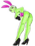  1girl absurdres alternate_costume animal_ears asimatosinosin ass black_footwear black_leotard breasts bunny_ears bunny_tail cheelai colored_skin dragon_ball dragon_ball_super dragon_ball_super_broly fake_animal_ears fake_tail from_behind full_body green_skin high_heels highres leaning_forward leotard looking_at_viewer playboy_bunny short_hair sideboob simple_background smile solo standing strapless strapless_leotard tail white_background white_hair wrist_cuffs 