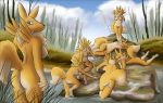  anthro breasts butt casual_nudity chest_tuft climbing digimon digimon_(species) female female/female genitals group looking_at_viewer lying nipples nude on_front pickles-hyena pubes pussy renamon rock side_boob standing tuft water 