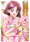  1girl :d bangs chinese_zodiac ema floral_print flower hair_flower hair_ornament hanadera_nodoka hanzou happy_new_year healin&#039;_good_precure highres holding japanese_clothes kimono looking_at_viewer new_year obi open_mouth pink_eyes pink_hair pink_kimono precure rabirin_(precure) sash short_hair smile upper_body year_of_the_ox 