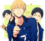  3boys ;) ^^^ anger_vein angry bangs basketball_uniform black_eyes black_hair blonde_hair blue_jacket blue_shirt clenched_hand clothes_writing collarbone commentary_request finger_gun green_background hair_between_eyes jacket jewelry kasamatsu_yukio kise_ryouta kuroko_no_basuke looking_at_viewer male_focus mashima_shima moriyama_yoshitaka multiple_boys number one_eye_closed open_clothes open_jacket parted_lips pointing pointing_at_viewer punching shirt short_hair single_earring smile sportswear star_(symbol) teeth track_jacket twitter_username two-tone_background upper_body upper_teeth white_background yellow_eyes 