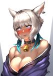  1girl absurdres animal_ears bangs bell bell_collar blush breasts cat_ears cleavage collar cowbell dark_skin dark_skinned_female earrings facial_mark final_fantasy final_fantasy_xiv full-face_blush highres hjz_(artemi) japanese_clothes jewelry kimono looking_to_the_side medium_breasts miqo&#039;te neck_tattoo off_shoulder short_hair silver_eyes solo tattoo upper_body whisker_markings white_background white_hair y&#039;shtola_rhul 