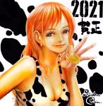  1girl 2021 animal_print bangs breasts brown_eyes chinese_zodiac cleavage coin commentary_request cow_print earrings highres holding holding_coin jewelry long_hair medium_breasts nami_(one_piece) oda_eiichirou official_art one_piece orange_hair signature smile solo tank_top upper_body year_of_the_ox 