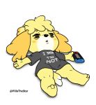  absurd_res animal_crossing anthro bags_under_eyes bottomless brown_eyes canid canine canis clothed clothing dipstick_tail domestic_dog english_text featureless_crotch female fur hi_res humor isabelle_(animal_crossing) lying mammal multicolored_tail nintendo nintendo_switch on_back pillothestar pseudo_hair pun shih_tzu shirt signature simple_background solo text text_on_clothing text_on_shirt text_on_topwear tired topwear toy_dog video_games yellow_body yellow_fur 