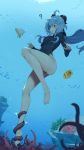  1girl ? absurdres air_bubble bare_legs barefoot blue_hair blush bodysuit bow bubble coral fish freediving ganyu_(genshin_impact) genshin_impact hair_bow highres holding_breath long_hair long_sleeves purple_eyes rou_(rou22) seaweed surprised swimming tentacle_grab tentacles underwater 