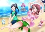  armpits beach beach_volleyball bikini bikini_under_clothes blue_eyes blue_shorts blue_sky blush closed_eyes cowboy_shot day green_shirt green_shorts hanadera_nodoka hanzou healin&#039;_good_precure highres laura_(precure) mermaid monster_girl navel ocean outdoors palm_tree pegitan_(precure) pink_bikini pink_hair pink_shorts ponytail precure rabirin_(precure) rock sawaizumi_chiyu shirt short_sleeves shorts sitting sky smile swimsuit tied_hair tree tropical-rouge!_precure upshorts volleyball 