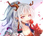  1girl arknights bangs braid ear_ornament eyebrows_visible_through_hair food highres holding holding_food horns jacket long_hair multicolored_hair nian_(arknights) nuu_(liebe_sk) open_clothes open_mouth pointy_ears ponytail purple_eyes red_hair signature silver_hair solo streaked_hair 