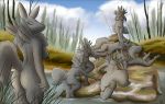  anthro breasts butt casual_nudity climbing digimon digimon_(species) female female/female genitals group inanimate_transformation looking_at_viewer nude petrification pickles-hyena pussy renamon rock sculpture side_boob statue transformation water 