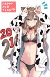  1girl 2021 akino_ell animal_ears animal_print armpits arms_up bare_shoulders bikini black_bikini blue_eyes breasts brown_hair cat_ears cat_tail chinese_zodiac choker cleavage closed_mouth collarbone cow_print cowboy_shot hair_ornament hairclip halterneck happy_new_year highres index_fingers_together jacket large_breasts long_hair long_sleeves looking_at_viewer multi-strapped_bikini navel new_year notice_lines off_shoulder open_clothes open_jacket original red_choker solo stomach string_bikini swimsuit tail thigh_gap thighs very_long_hair white_jacket year_of_the_ox zodiac 
