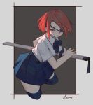  1girl black_bow black_neckwear blue_skirt bow bowtie check_copyright collared_shirt copyright_request cropped_legs eyepatch grey_background lanzi_(415460661) original pleated_skirt red_eyes red_hair shirt short_hair short_sleeves skirt solo sword thighhighs weapon white_shirt 