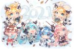  2021 2boys 4girls akeome animal_ears animal_print aqua_eyes aqua_hair aqua_neckwear arm_warmers bangs bare_shoulders black_collar black_legwear black_shirt black_shorts black_skirt black_sleeves blonde_hair blue_eyes blue_hair blush boots bottle bow brown_hair chibi chinese_zodiac closed_eyes coat collar commentary cow_ears cow_horns cow_print detached_sleeves grey_shirt hair_bow hair_ornament hairclip happy happy_new_year hatsune_miku highres holding holding_bottle holding_string horns kagamine_len kagamine_rin kaito kinoko_neppu knees_together_feet_apart leaf long_hair looking_at_viewer megurine_luka meiko miniskirt multiple_boys multiple_girls neckerchief necktie new_year one_eye_closed open_mouth outstretched_arms pink_hair pleated_skirt red_skirt sailor_collar sake_bottle scarf shirt short_hair short_ponytail shorts signature skirt sleeveless sleeveless_shirt smile snow snow_bunny snow_writing spiked_hair stick string_of_flags swept_bangs thighhighs twig twintails v very_long_hair vocaloid white_bow white_coat white_scarf white_shirt year_of_the_ox yellow_neckwear zettai_ryouiki 