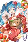  1girl animal bell blue_eyes blue_hair blurry_foreground brown_gloves camellia chinese_zodiac commentary cow fang floral_background flower fur-trimmed_kimono fur_trim gloves hair_flower hair_ornament hatsune_miku highres holding holding_animal horns japanese_clothes kanzashi kikumon kimono leaf legs_up looking_at_viewer mukuro_usss neck_bell new_year obi one_eye_closed open_mouth petals red_flower rope sash skin_fang smile solo vocaloid year_of_the_ox 