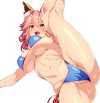  1girl 846-gou animal_ear_fluff animal_ears ass bangs bare_shoulders bikini blue_bikini breasts cleavage crotch fate/grand_order fate_(series) fox_ears fox_girl fox_tail hair_between_eyes highres kneepits large_breasts leg_lift leg_up long_hair looking_at_viewer navel pink_hair side_ponytail split standing standing_on_one_leg standing_split swimsuit tail tamamo_(fate)_(all) tamamo_no_mae_(swimsuit_lancer)_(fate) thighs yellow_eyes 