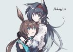  2girls amiya_(arknights) animal_ears arknights black_gloves black_hair black_jacket blaze_(arknights) blue_eyes blush brown_hair bunny_ears cat_ears closed_mouth copyright_name fingerless_gloves fuco gloves hair_between_eyes hairband hand_up height_difference hug infection_monitor_(arknights) jacket jewelry long_hair looking_at_another looking_at_viewer multiple_girls multiple_rings necklace open_mouth red_hairband ring simple_background smile upper_body very_long_hair white_jacket yuri 