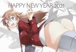  1girl 2021 animal_ears ass blue_eyes breasts bunny_ears charlotte_e_yeager from_behind gun happy_new_year holding holding_weapon jacket jet_yowatari large_breasts long_hair looking_at_viewer looking_back new_year open_mouth orange_hair panties red_jacket shiny shiny_hair shiny_skin smile strike_witches striker_unit underwear v weapon white_panties world_witches_series 