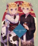  1boy 1girl 2021 animal_ears animal_print black_kimono blonde_hair blue_eyes bottle chinese_zodiac commentary cow_ears cow_horns cow_print cowboy_shot egasumi fur-trimmed_kimono fur_trim happy_new_year highres holding holding_bottle holding_carton horns japanese_clothes kagamine_len kagamine_rin kimono looking_at_viewer milk_bottle milk_carton mipi new_year open_mouth short_hair short_ponytail smile spiked_hair vocaloid white_kimono year_of_the_ox 