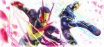  antennae clenched_hand energy gloves highres kamen_rider kamen_rider_01_(series) kamen_rider_zero-one kamen_rider_zero-two kicking masukudo_(hamamoto_hikaru) petals power_armor punching red_gloves rider_belt white_background 