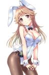  1girl alternate_costume animal_ears black_neckwear bow bowtie braid breasts brown_eyes brown_hair brown_legwear bunny_ears bunny_tail cleavage commentary_request detached_collar high_school_fleet kantai_collection leotard long_hair looking_at_viewer medium_breasts nonbe nosa_kouko pantyhose playboy_bunny simple_background smile solo tail twin_braids white_background white_leotard wrist_cuffs 