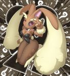  4_fingers anthro black_sclera blep bow_tie breasts bunny_costume cleavage clothed clothing costume english_text female fingers fishnet fishnet_legwear gesture holidays legwear looking_at_viewer lopunny new_year nintendo one_eye_closed pok&eacute;mon pok&eacute;mon_(species) rilex_lenov solo text thick_thighs tongue tongue_out url v_sign video_games wink 