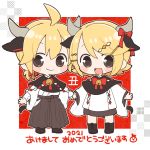  1boy 1girl 2021 akeome animal_ears bangs bell black_capelet black_hakama blonde_hair blush_stickers bow bowtie capelet chibi chinese_zodiac commentary cow_ears cow_horns cow_tail hair_ornament hairclip hakama hakama_skirt happy_new_year holding_hands horns japanese_clothes kagamine_len kagamine_rin looking_at_viewer miniskirt najo neck_bell nengajou new_year open_mouth red_neckwear shide short_hair skirt smile spiked_hair swept_bangs tail vocaloid year_of_the_ox yellow_eyes 