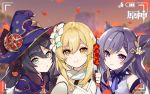  3girls :t artist_request bare_shoulders black_hair blonde_hair blue_eyes blue_headwear blurry braid capelet choker depth_of_field detached_sleeves dress eating flower genshin_impact hair_ears hair_flower hair_ornament hat holding keqing long_hair looking_at_viewer lumine_(genshin_impact) mona_(genshin_impact) multiple_girls official_art orange_eyes outdoors parted_lips petals purple_eyes purple_hair self_shot sidelocks smile third-party_source twintails upper_body viewfinder white_dress witch_hat 