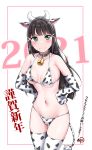  1girl 2021 animal_ears animal_print bangs bell bell_collar bikini birthday black_hair blush breasts breasts_apart chinese_zodiac collar collarbone commentary_request cow_ears cow_girl cow_horns cow_print cow_tail cowbell elbow_gloves embarrassed eyebrows_visible_through_hair gloves green_eyes hair_intakes hair_ornament highres hime_cut horns kurosawa_dia looking_at_viewer love_live! love_live!_sunshine!! mole mole_under_mouth new_year shiny shiny_hair sidelocks small_breasts solo swimsuit tail thighhighs translation_request white_gloves white_legwear year_of_the_ox yopparai_oni 