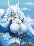  3:4 absurd_res anthro braided_hair breasts clothing feathers female feral fur gold_(metal) gold_jewelry hair hi_res hurikata jewelry legendary_pok&eacute;mon legwear nintendo pok&eacute;mon pok&eacute;mon_(species) reshiram solo stockings video_games white_body white_fur wings 