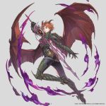  1girl armor aura aureolin31 breastplate chainmail clawed_gauntlets closed_mouth dark_aura dragon_girl dragon_horns dragon_wings fire gauntlets greaves green_armor green_eyes grey_background highres holding holding_sword holding_weapon horns official_art purple_fire short_hair simple_background solo sword torn torn_wings valkyrie_anatomia weapon wings 