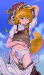  animal_ear_fluff animal_ears apron arm_behind_head australopithecus_(cookie) bangs black_headwear black_shirt black_skirt blonde_hair blowing_leaves blush bow briefs cloud commentary_request cookie_(touhou) cowboy_shot erection erection_under_clothes fox_boy fox_ears fox_tail genderswap genderswap_(ftm) hair_bow hakonnbo hat hat_bow highres kirisame_marisa leaf lifted_by_self long_hair looking_at_viewer male_focus navel open_mouth puffy_short_sleeves puffy_sleeves purple_bow shirt shirt_lift short_sleeves skirt sky solo standing tail tank_top touhou underwear undressing waist_apron white_apron white_shirt wind witch_hat yuuhi_(cookie) 