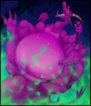  bartok_the_magnificent belly big_belly big_butt bluedemon00 butt dragon female green_smoke hi_res horn huge_butt huge_tail hyper hyper_belly larger_female ludmilla_(bartok) nails open_mouth purple_body scalie size_difference smile smiling_at_viewer thick_thighs tongue 