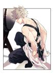  1boy alternate_costume apron artist_name bakugou_katsuki bangs bare_arms bare_shoulders black_pants blonde_hair boku_no_hero_academia border cai_(caiirocai) clothing_request from_side full_body highres looking_at_viewer male_focus pants red_eyes short_hair sideways_glance smile solo spiked_hair squatting toned toned_male white_border 