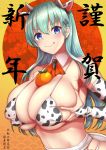  1girl akizuki_akina animal_ears animal_print aqua_hair bikini blue_eyes blush breast_squeeze breasts chinese_zodiac closed_mouth cow_ears cow_horns cow_print detached_collar detached_sleeves fake_animal_ears food fruit hair_ornament hairclip highres horns kantai_collection large_breasts long_hair looking_at_viewer orange self_fondle smile solo suzuya_(kantai_collection) swimsuit tongue tongue_out year_of_the_ox yellow_background 