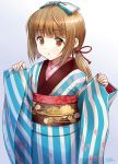  1girl :o bangs bow brown_eyes brown_hair commentary_request eyebrows_visible_through_hair floral_print gradient gradient_background grey_background hair_bow hair_ribbon hands_up highres idolmaster idolmaster_cinderella_girls japanese_clothes kimono long_hair long_sleeves looking_at_viewer low_ponytail obi okiru parted_lips pinching_sleeves ponytail red_ribbon ribbon sash sidelocks signature sleeves_past_wrists solo striped striped_bow vertical-striped_kimono vertical_stripes white_background wide_sleeves yorita_yoshino 