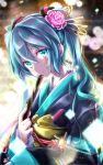  1girl akino_coto aqua_eyes aqua_hair blurry blurry_background fan flower hair_flower hair_ornament hatsune_miku highres japanese_clothes kimono long_hair looking_at_viewer new_year obi sash solo twintails very_long_hair vocaloid 