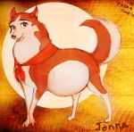  2011 balto_(film) bandanna belly big_belly black_kitty brown_eyes canid canine canis domestic_dog female feral fur husky jenna_(balto) kerchief looking_at_viewer mammal nordic_sled_dog paws pregnant red_body red_fur smile solo spitz white_body white_fur 