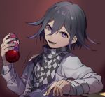  1boy :d bangs black_hair bottle brown_background checkered checkered_scarf commentary_request danganronpa_(series) danganronpa_v3:_killing_harmony fanta gradient gradient_background grey_jacket hair_between_eyes highres holding holding_bottle huyuharu0214 jacket long_sleeves looking_at_viewer lower_teeth male_focus open_mouth ouma_kokichi purple_eyes purple_hair scarf shiny shiny_hair short_hair signature smile solo straitjacket upper_body 