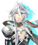  1boy assassin_cross_(ragnarok_online) azumi_on bare_pecs blue_eyes closed hair_between_eyes long_hair male_focus ragnarok_online red_scarf scarf solo upper_body white_background white_hair 