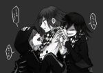  3boys alternate_costume black_background black_jacket checkered checkered_neckwear checkered_scarf commentary_request danganronpa_(series) danganronpa_v3:_killing_harmony dual_persona grey_jacket hand_on_another&#039;s_head hand_up height_difference highres holding hood hood_up jacket kitsunebi_v3kokonn long_sleeves looking_at_another looking_at_viewer looking_up male_focus mask multiple_boys open_mouth ouma_kokichi pants purple_eyes scarf short_hair simple_background sleeves_past_fingers sleeves_past_wrists smile speech_bubble spot_color sweat translation_request upper_body wrist_grab yaoi 