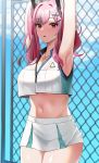  1girl arm_behind_head armpits arms_up azur_lane bangs bare_shoulders blue_sky blush breasts bremerton_(azur_lane) bremerton_(scorching-hot_training)_(azur_lane) chain-link_fence cleavage cloud collarbone collared_shirt commentary cowboy_shot crop_top crop_top_overhang dada_(dadada_20) day eyebrows_visible_through_hair fence green_skirt grey_hair hair_between_eyes hair_intakes hair_ornament hairclip heart heart_necklace highres large_breasts long_hair looking_at_viewer midriff mole mole_under_eye multicolored_hair navel open_mouth outdoors pink_eyes pink_hair shirt sidelocks skirt sky sleeveless sleeveless_shirt solo sportswear standing streaked_hair stretch sweat tennis_uniform twintails two-tone_hair two-tone_shirt two-tone_skirt wet wet_clothes wet_shirt white_shirt white_skirt x_hair_ornament 