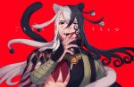  1boy animal_ears ashiya_douman_(fate) asymmetrical_clothes asymmetrical_hair bell black_eyes black_hair blood blood_on_face blood_splatter bloody_clothes bloody_hands cat_boy cat_ears cat_tail curly_hair earrings fate/grand_order fate_(series) finger_licking fingernails green_kimono hair_bell hair_between_eyes hair_intakes hair_ornament japanese_clothes jewelry kimono licking licking_blood long_hair looking_at_viewer magatama magatama_earrings male_focus multicolored_hair open_clothes open_kimono ribbed_sleeves sharp_fingernails solo tail teppie_(hoi_teppie) toned toned_male two-tone_hair upper_body very_long_fingernails very_long_hair white_hair 