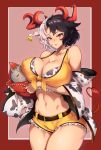  1girl 2021 absurdres animal_ears animal_print bare_shoulders black_hair breast_hold breasts cleavage covered_nipples cow_ears cow_girl cow_horns cow_print cow_tail cowboy_shot ear_tag grey_hair haori highres horns japanese_clothes large_breasts looking_at_viewer midriff multicolored_hair navel number_pun pink_background red_background red_eyes shirt short_hair shorts solo tail tied_shirt touhou two-tone_hair ushizaki_urumi yellow_shorts zzo0 