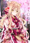  1girl :&lt; animal_ear_fluff animal_ears bangs bare_shoulders blonde_hair blush breasts cat_ears center_frills closed_mouth commentary_request detached_sleeves eyebrows_visible_through_hair floral_print frills hair_between_eyes hands_up highres indoors japanese_clothes kimono long_hair long_sleeves looking_at_viewer medium_breasts nanase_kureha nanase_nao nose_blush obi original petals pinching_sleeves pink_kimono print_kimono sash sleeveless sleeveless_kimono sleeves_past_wrists solo very_long_hair wide_sleeves window yellow_eyes 