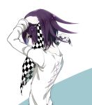  1boy arm_up bangs checkered checkered_scarf commentary_request danganronpa_(series) danganronpa_v3:_killing_harmony from_side grey_background hand_up holding holding_clothes holding_scarf jacket kitsunebi_v3kokonn long_sleeves looking_at_viewer male_focus ouma_kokichi purple_eyes purple_hair scarf short_hair sideways_glance solo straitjacket two-tone_background tying upper_body white_background white_jacket 