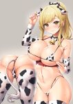  1girl absurdres anal_tail animal_ears animal_print ass bangs bell bell_collar belt bent_over bikini blonde_hair blush breasts chinese_zodiac collar cow_ears cow_girl cow_horns cow_print cow_tail detached_sleeves fake_animal_ears fake_horns fake_tail high_ponytail highleg highleg_bikini highres holding horns large_breasts long_hair looking_at_viewer micro_bikini navel original simple_background smile solo swimsuit tail thighhighs wakuta_chisaki year_of_the_ox yellow_eyes 