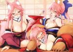  3girls animal_ear_fluff animal_ears bangs bare_shoulders blue_bow blue_kimono blush bow breasts cleavage closed_eyes cup detached_collar detached_sleeves fang fate/extra fate/grand_order fate_(series) fox_ears fox_girl fox_tail glasses hair_between_eyes hair_bow japanese_clothes kimono koyanskaya kurikara large_breasts long_hair looking_at_viewer multiple_girls obi open_mouth parted_bangs pink_hair pink_kimono ponytail red_bow red_kimono sakazuki sash sidelocks smile tail tamamo_(fate)_(all) tamamo_cat_(fate) tamamo_no_mae_(fate) thighs wide_sleeves yellow_eyes 